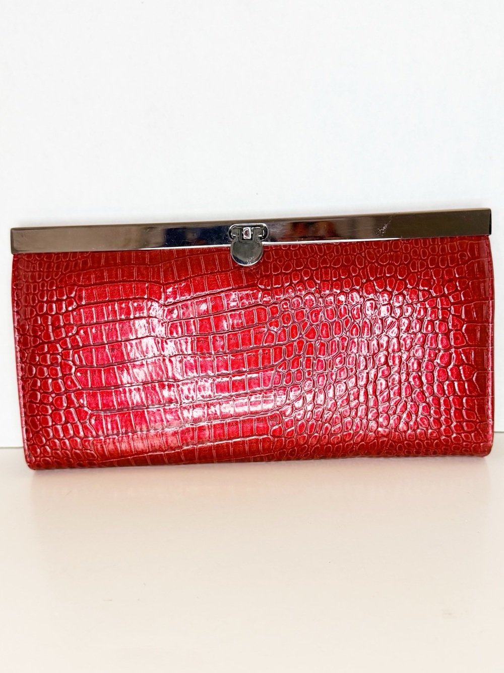 Red Croc-Embossed Clutch Wallet